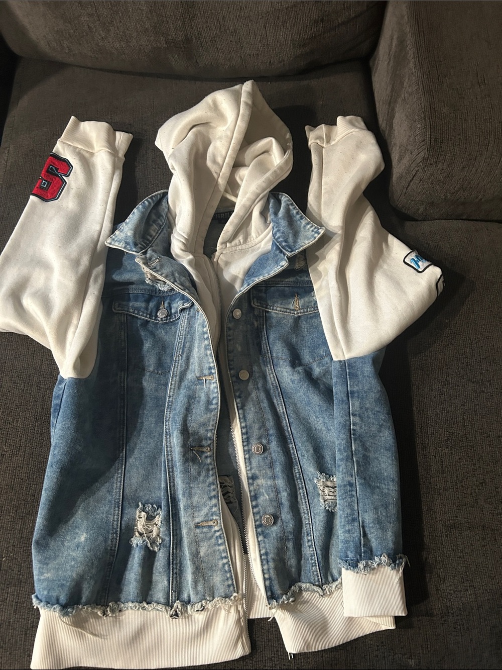 Women's Blue Distressed Denim Jacket with White Hoodie Insert